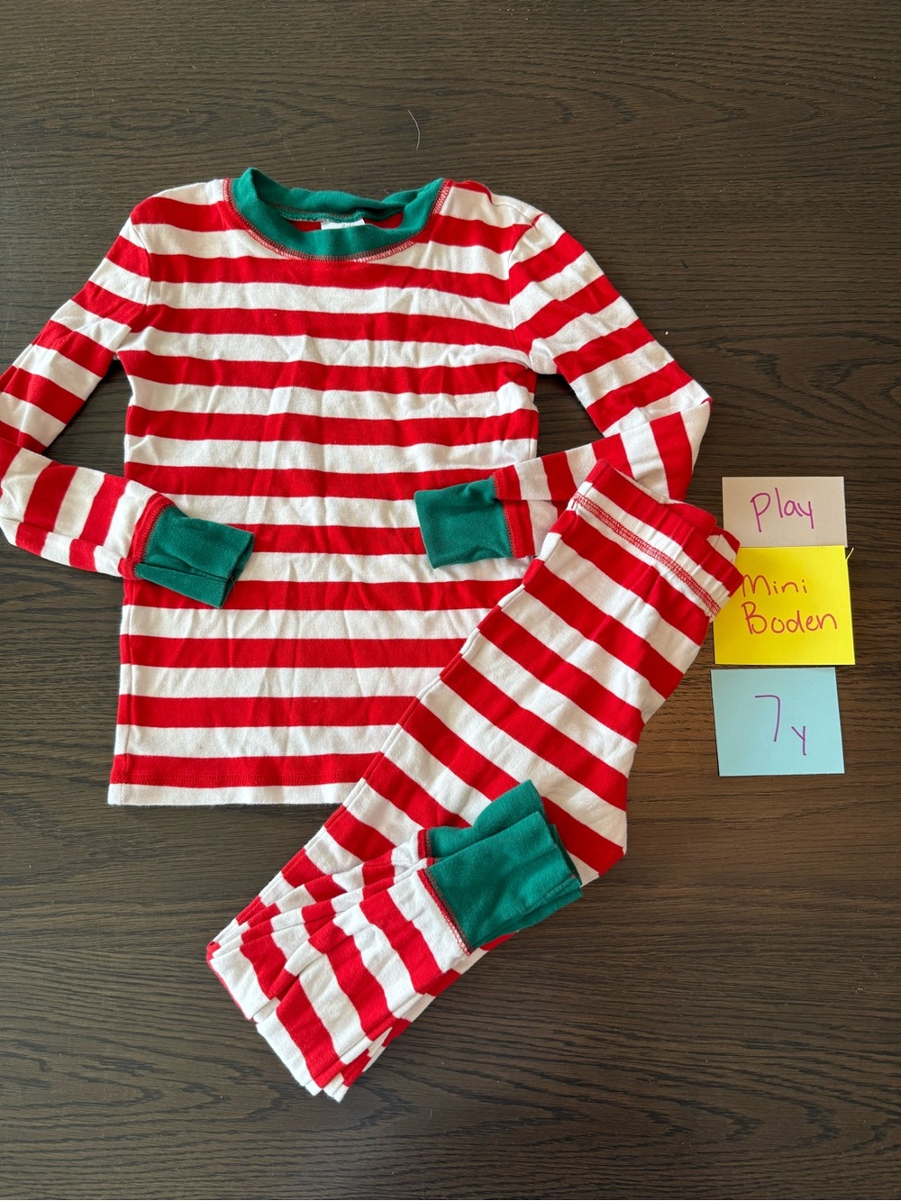 Mini Boden 7y Red & White Striped Pajama Set with Green Trim